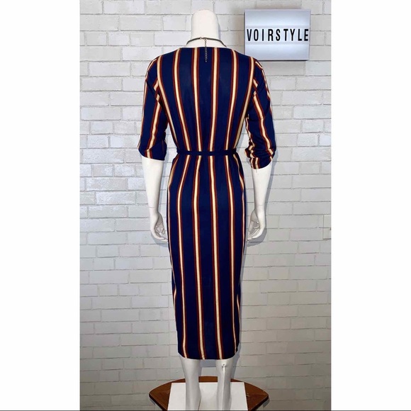CHIC NAVY STRIPED BUTTON UP MIDI DRESS - Picture 6 of 8